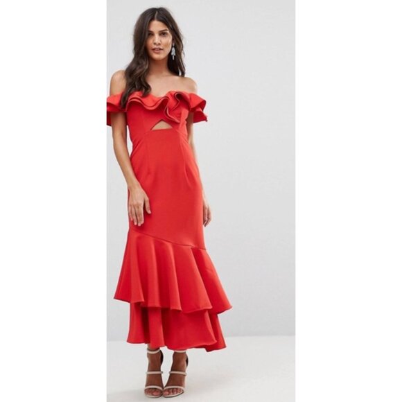 Jarlo Dresses & Skirts - Jarlo Ruffle Top Bardot Cut Out Cherry Red Holiday Prom Maxi Dress NWT US 4/UK 8
